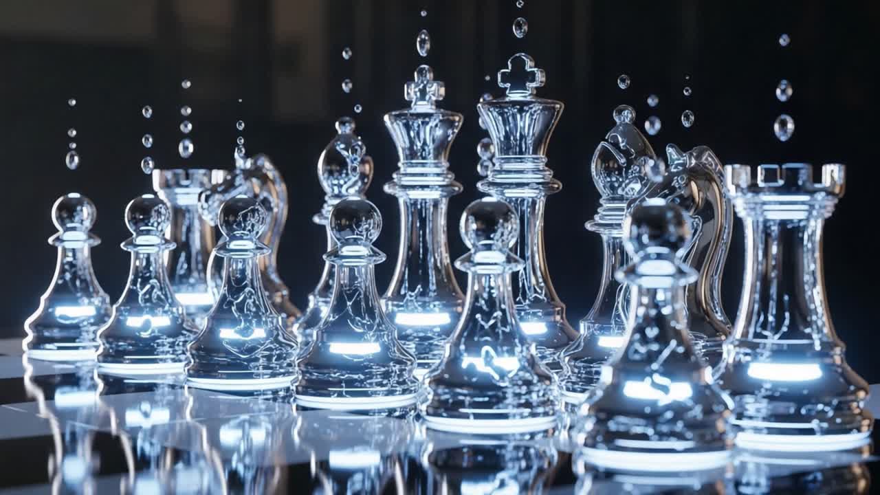 A Captivating Display of Illuminated Glass Chess Pieces Emerging from a Reflective Surface, Radiating Elegance and Strategic Depth in an Artistic Arrangement