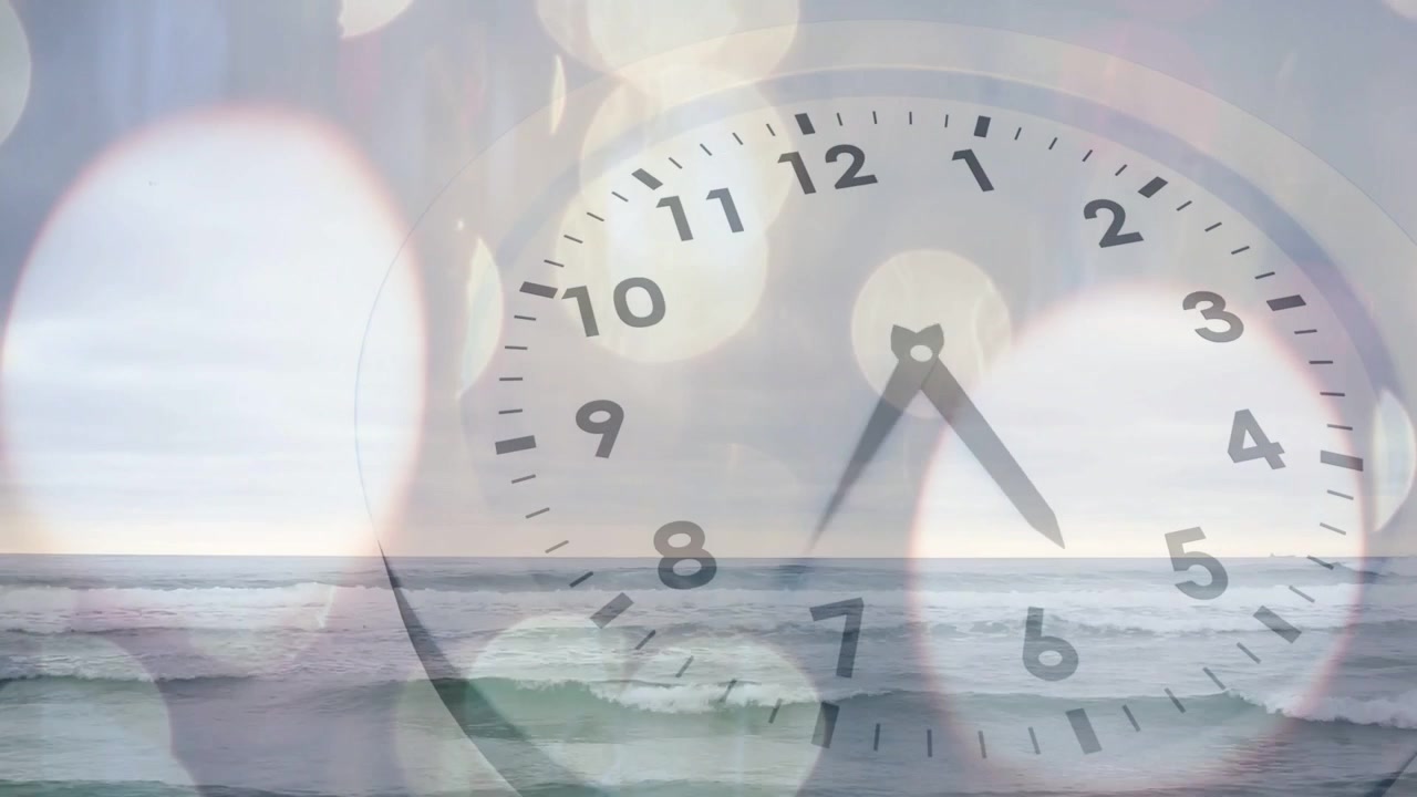 Horizon opening starting ghost analog clock rotating hands clockwise, bokeh and waves showing time