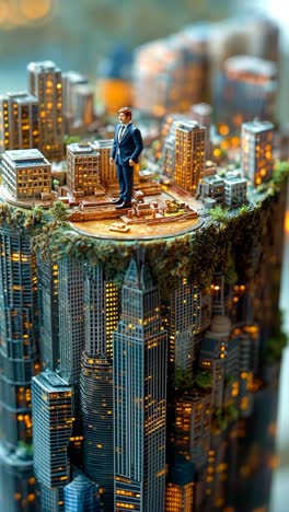 miniature cityscape with a businessman standing on a green rooftop