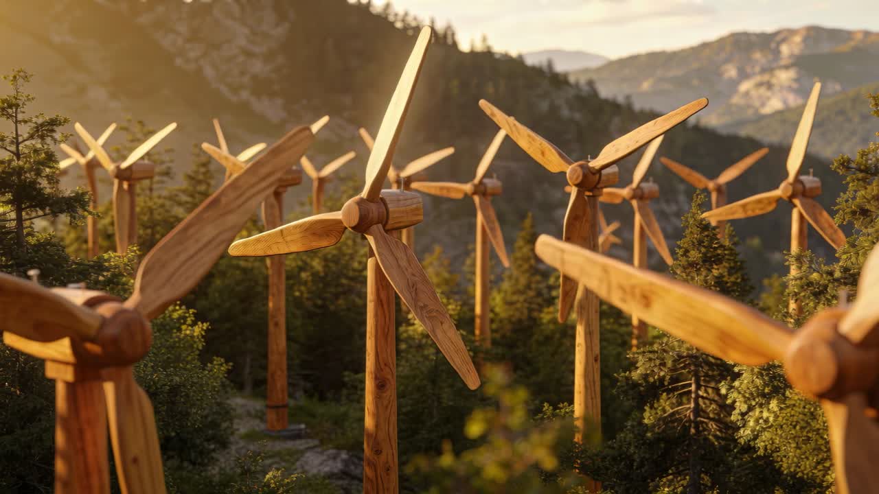 Snurrande trebladiga vindkraftverk i trä som roterar i en solbelyst bergdal med tallar och åsar.