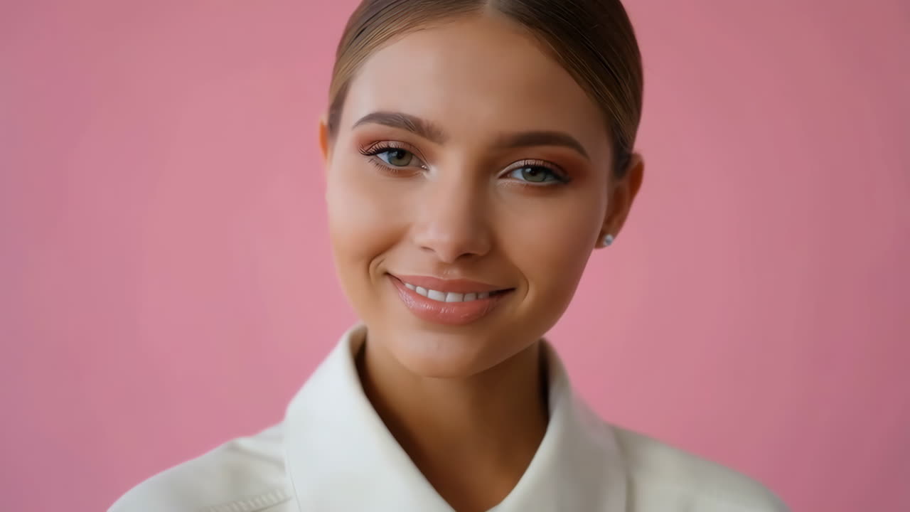 Portrait of a Smiling Young Woman on a Pink Background