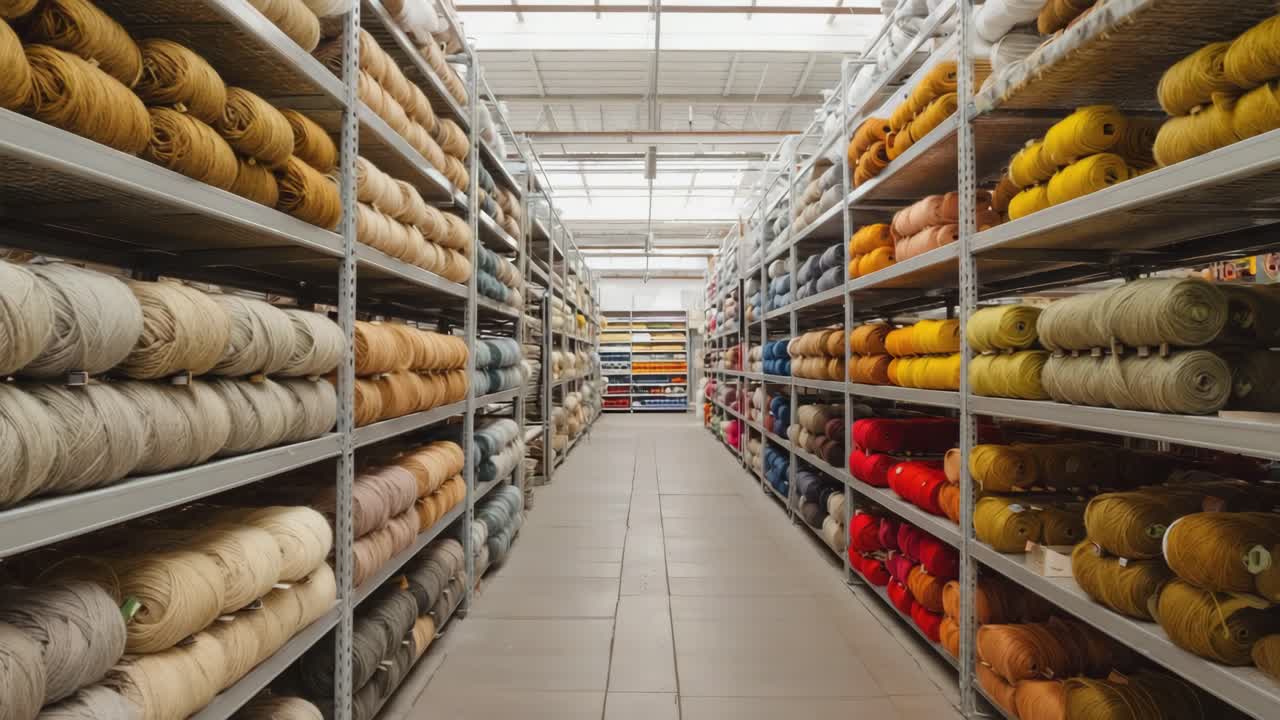 Yarn storage on shelves in warehouse