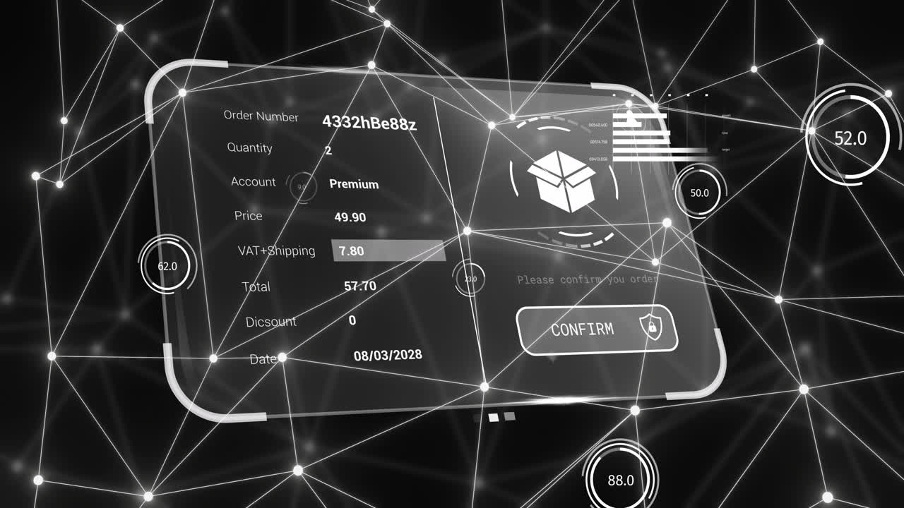 블랙 배경 위에 연결 네트워크와 디지털 아이콘의 애니메이션