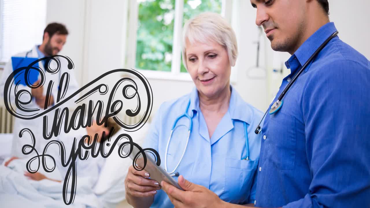 Animation af tekst 'tak' over læger og patient.