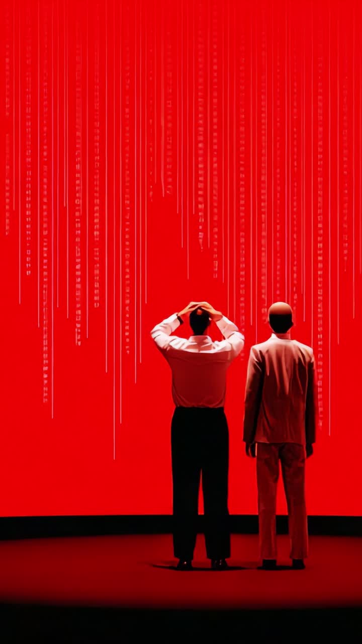 Two figures stand in front of a vibrant red backdrop, contemplating and reflecting on the digital data flowing down, symbolizing the intersection of man and technology