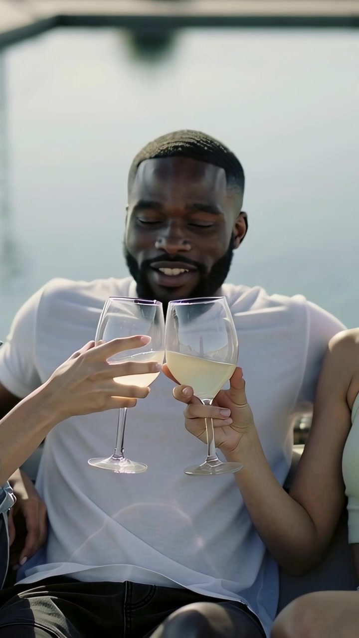 Vertical video: Raising glasses, center man white tee and two women clinking on yacht, celebrating