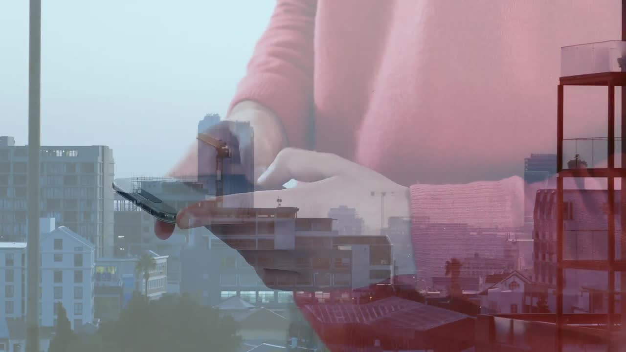 스마트폰 을 사용하는 백인 사업가 에 대한 도시 풍경 의 애니메이션