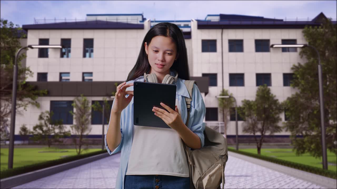 학교 건물 앞에 서서 웃고 태블릿을 사용하는 배을 들고 있는 아시아 소녀 학생