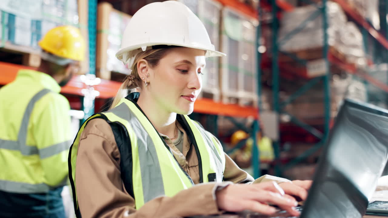Warehouse workers using a laptop for inventory management