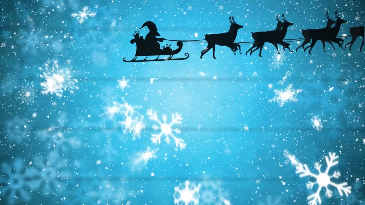 animación de santa claus en trineo con renos y nieve navideña cayendo.