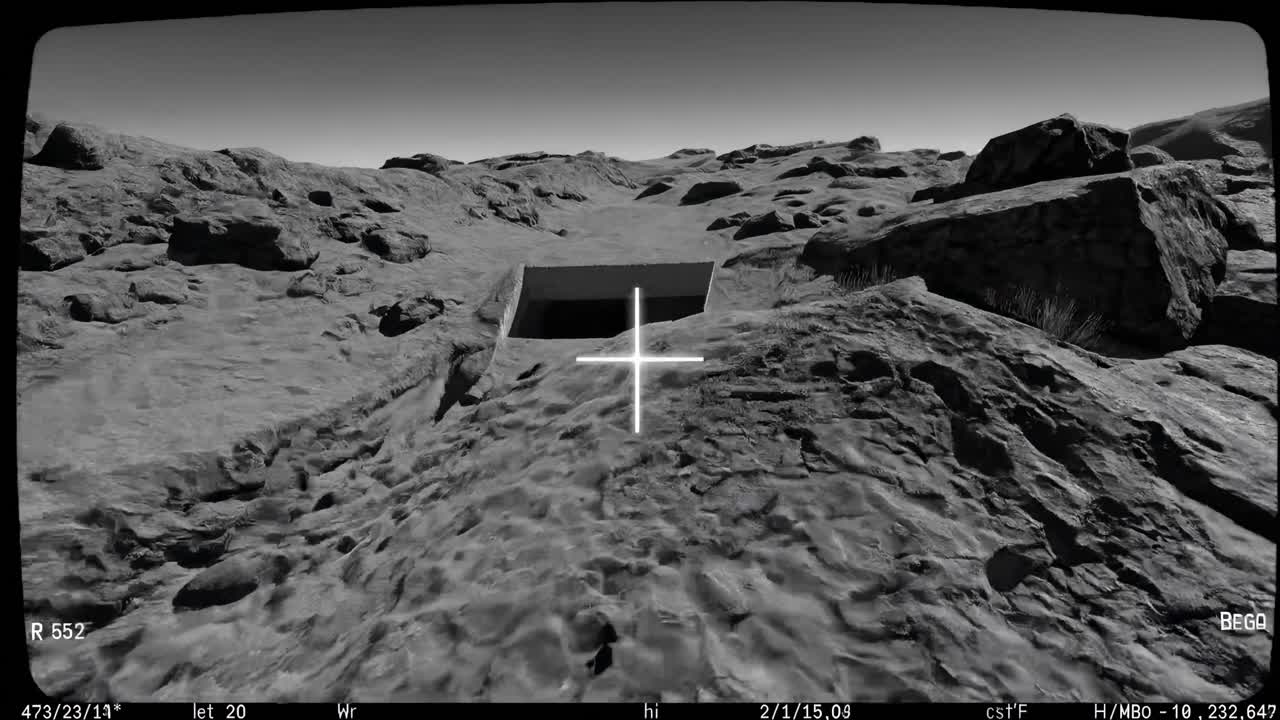 Monochromatic thermal laser scan highlighting a rocky terrain with a crosshair indicating the target, and a vast ocean in the background, creating a mysterious and futuristic atmosphere