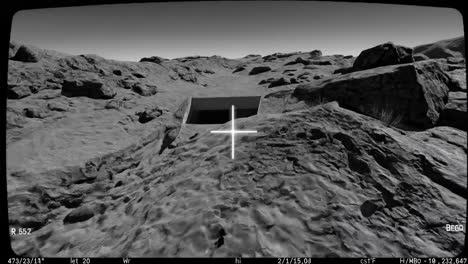 monochromatic thermal laser scan highlighting a rocky terrain with a crosshair indicating the target, and a vast ocean in the background, creating a mysterious and futuristic atmosphere