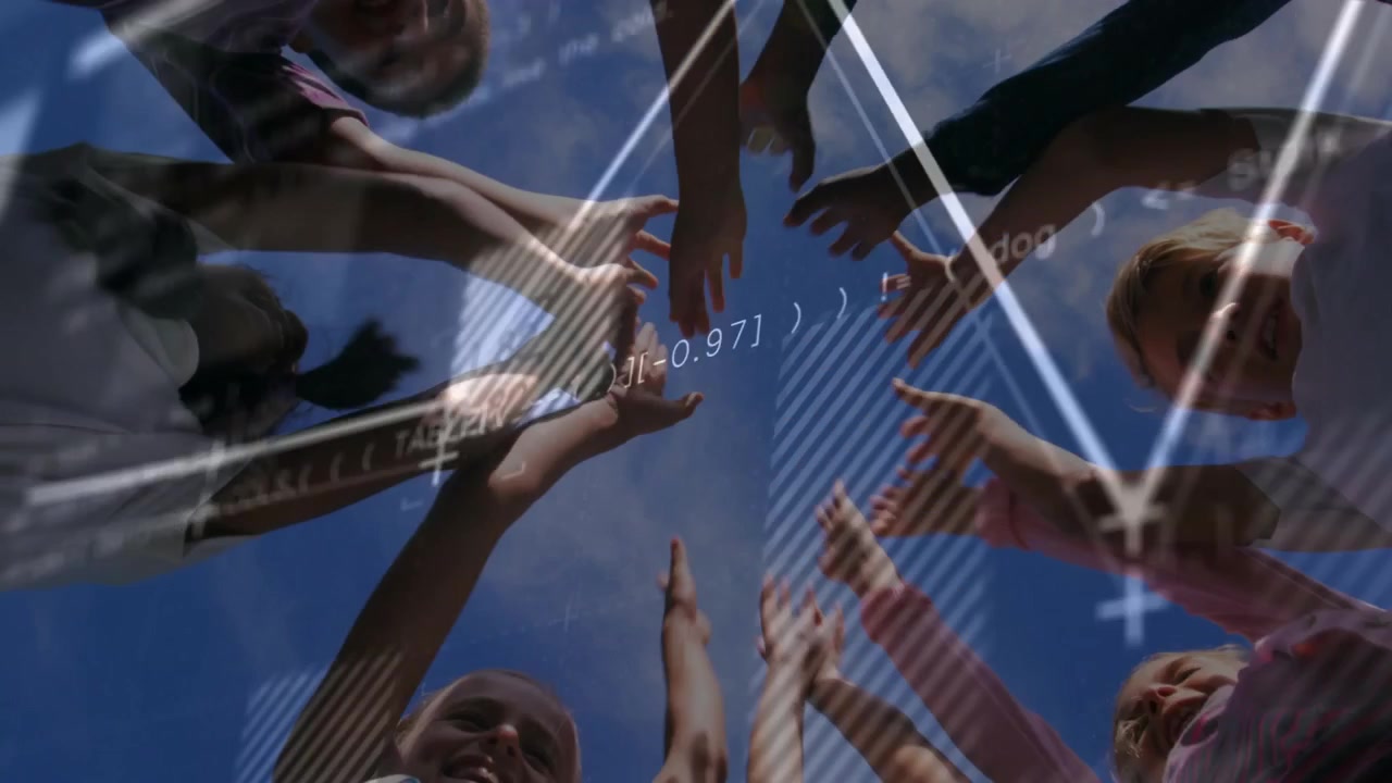 Kids leaning around camera joining hands, starting grid data and code overlays showing technology