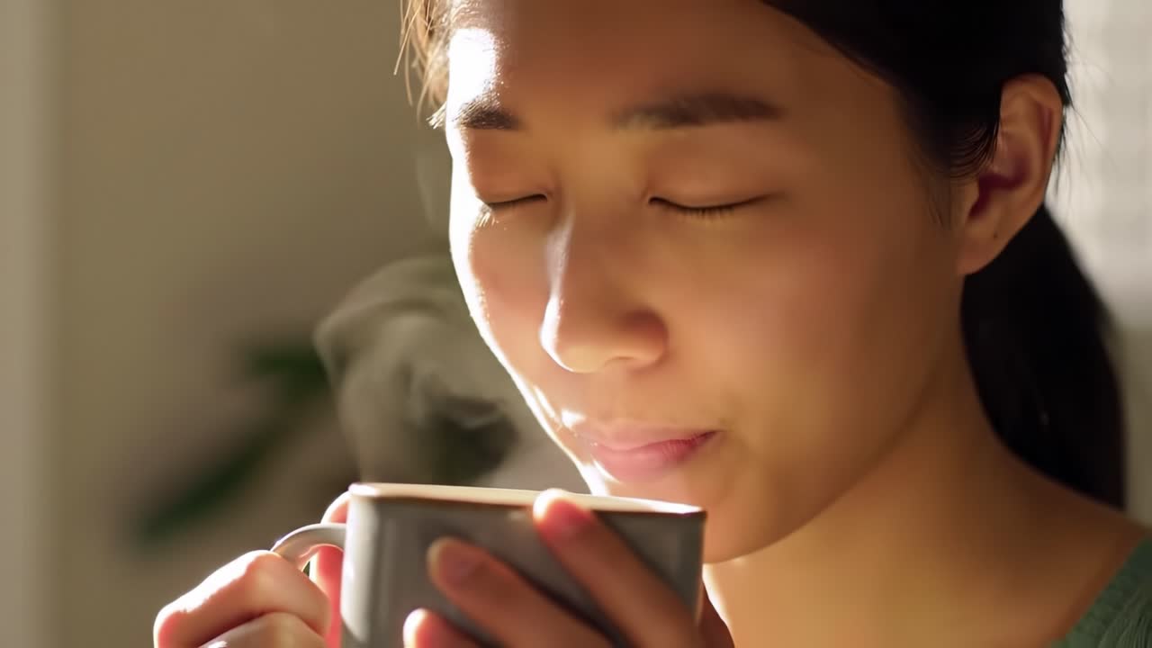 A Serene Moment of Enjoyment: Candid Shots Capturing a Woman's Tranquil Expression as She Savoring Her Warm Beverage in Soft, Natural Light