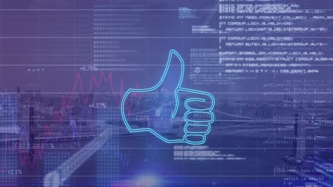 icono de neón y procesamiento de datos contra el paisaje urbano por la noche