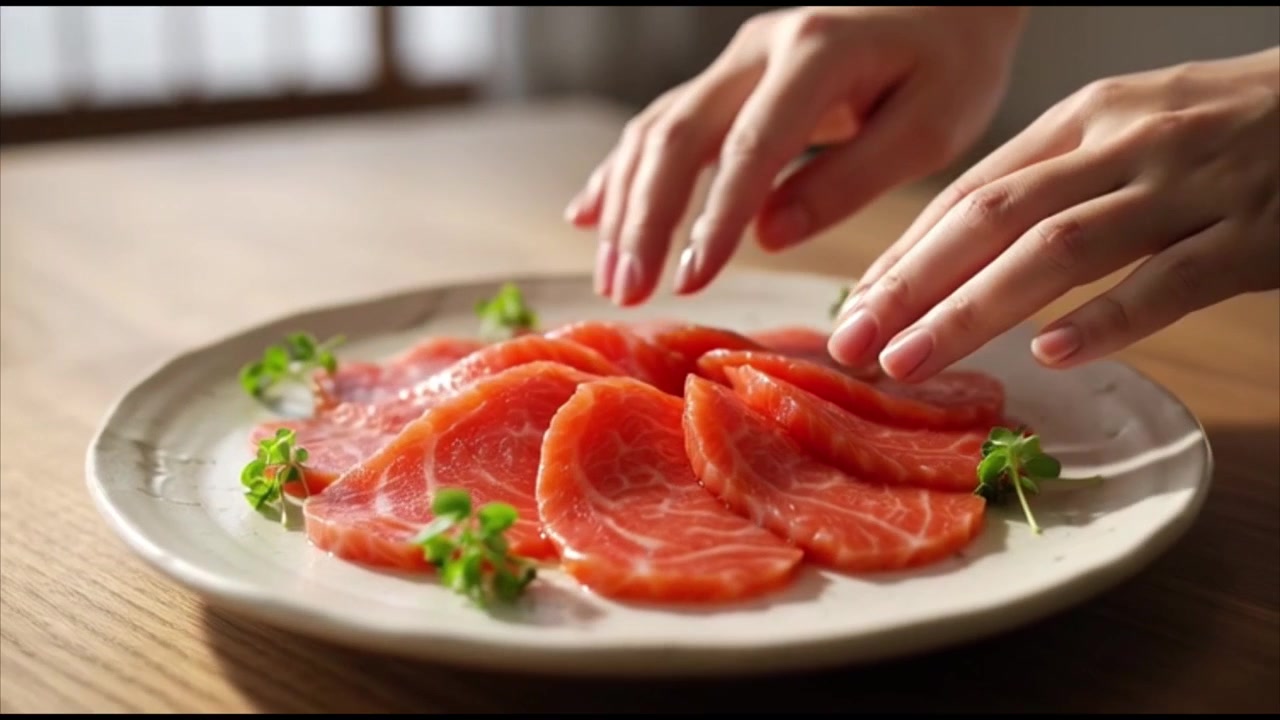 Mani che dispongono sashimi di salmone fresco affettato su un piatto