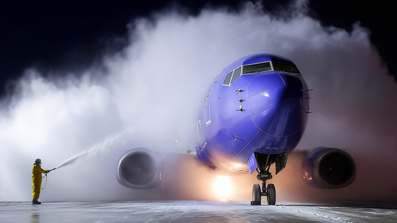A brave ground crew member performs night-time de-icing on an aircraft, ensuring safe travel for passengers while battling winter conditions with high technology and precision