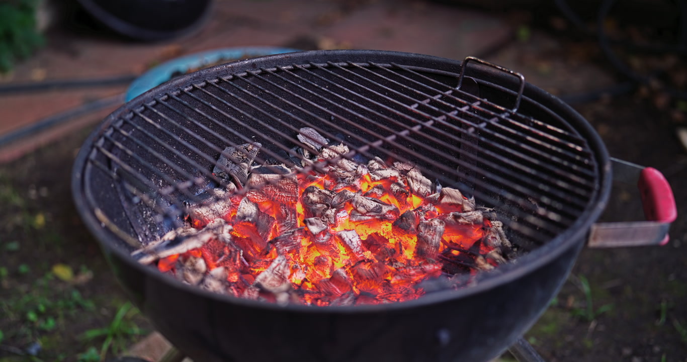 Red hot coals crackle beneath a worn backyard grill, holding that quiet moment of heat and anticipation just before the first food touches the grate.