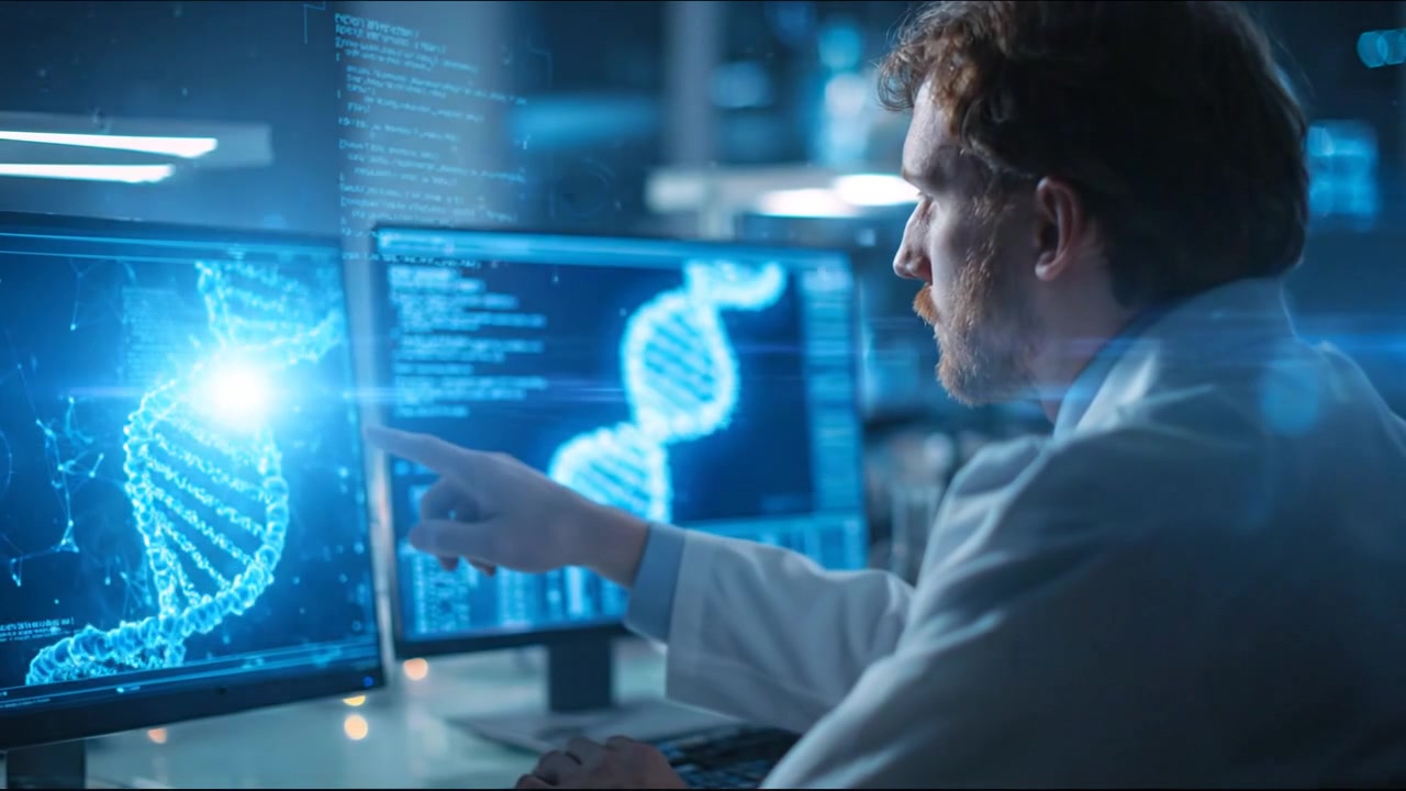Forsker analyserer en glødende medicinsk grænseflade på en laboratoriemonitor.
