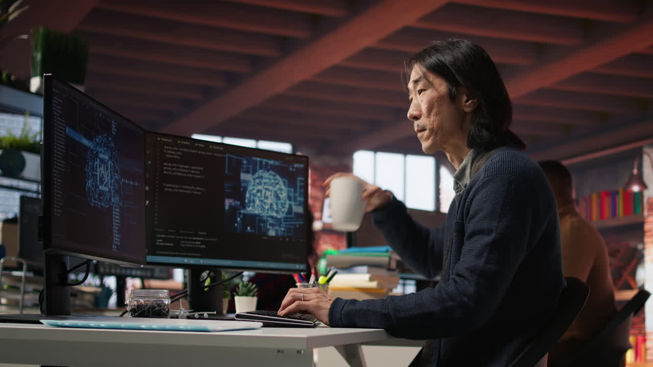 CTO manager in AI startup drinking coffee while coding