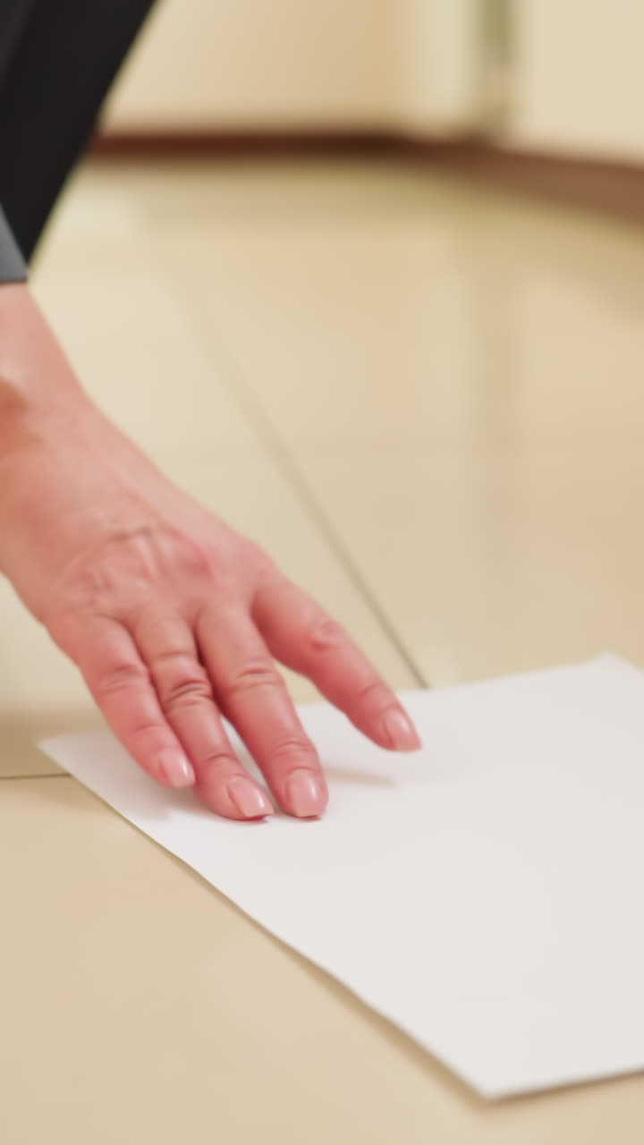 Scattered documents lie on tiled floor near businesswoman s feet in hallway, suggesting papers were accidentally dropped during walk, conveying urgency, workplace stress, or unexpected interruption