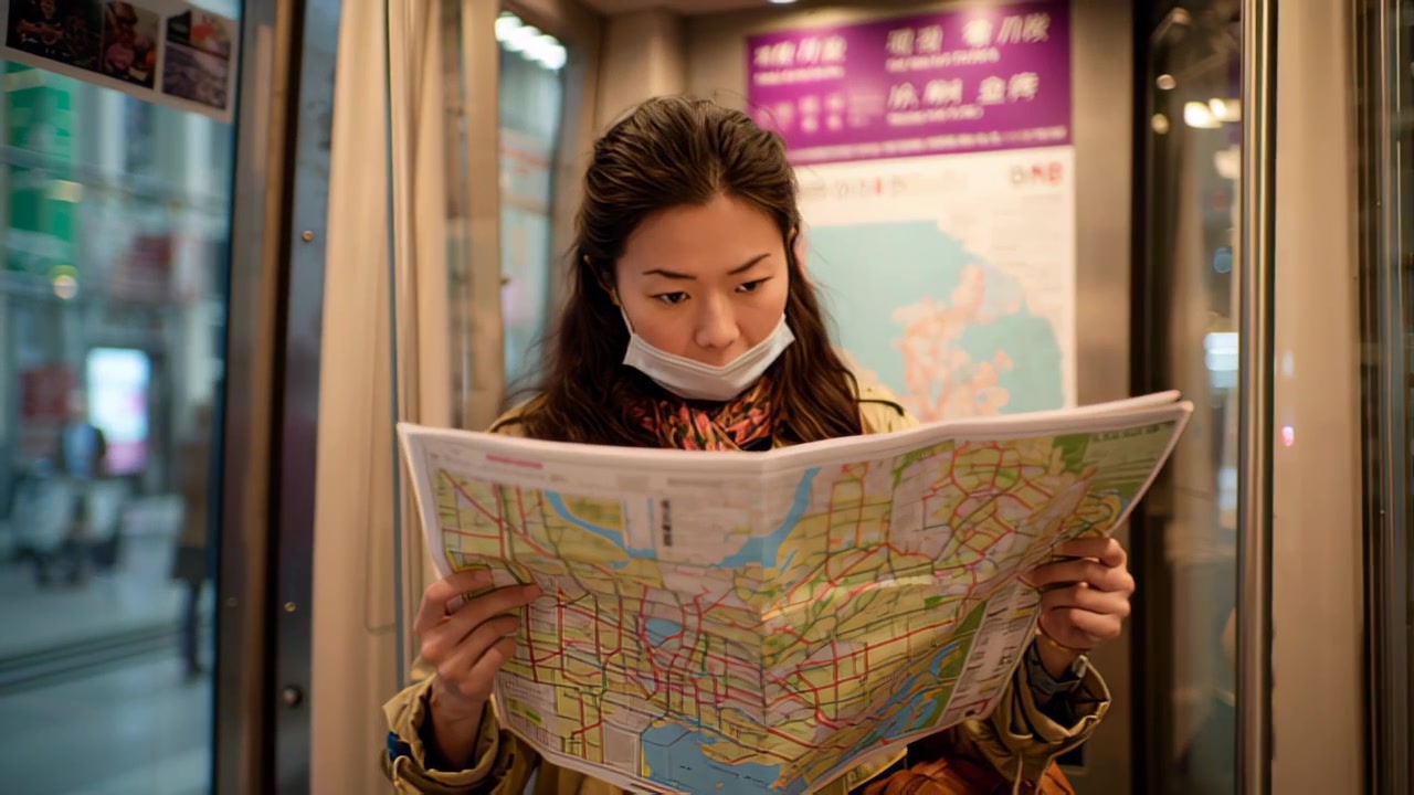一名年輕女子在夜晚乘坐電車或地鐵通勤，閱讀城市地圖，戴著口罩的畫面，展現旅行規劃和城市導航的概念。
