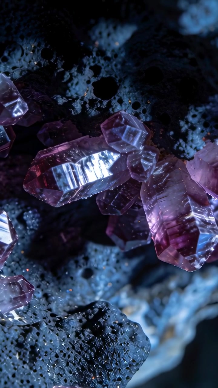 Vertical video: Camera pulling back to reveal purple crystals with hexagon tip on dark rock matrix