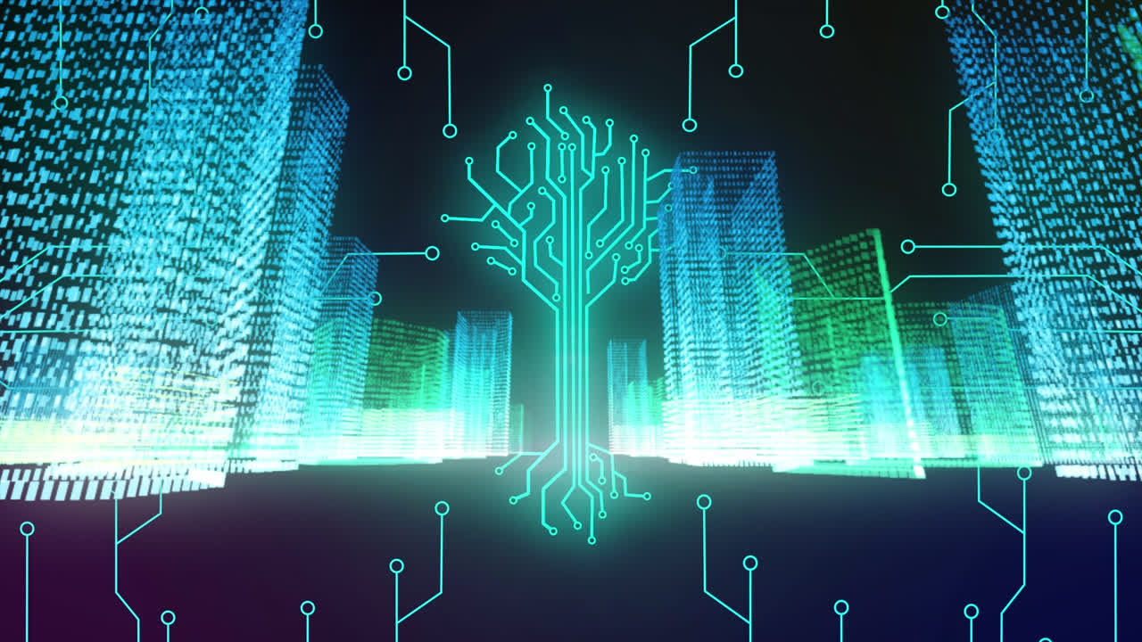 Animation of integrated circuit over metaverse cityscape and black background