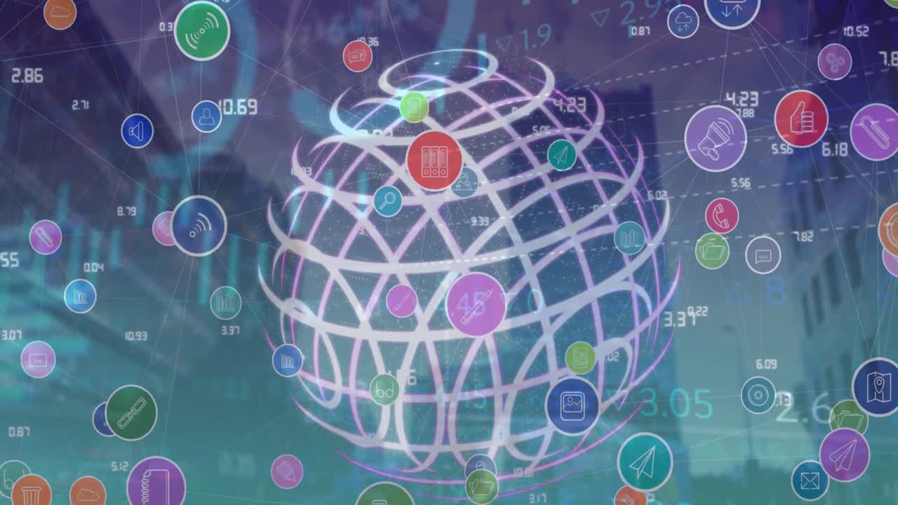 고층 건물에 대한 디지털 회전 지구와 데이터 처리 네트워크의 애니메이션