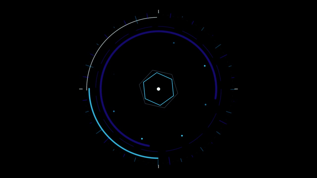 Futuristic Digital HUD Interface with Rotating Hexagon and Circular Data Elements