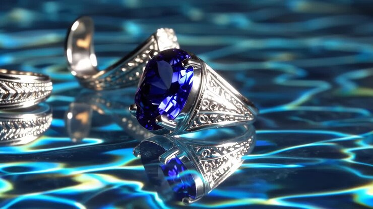 Eleganti anelli d'argento con gemme blu su acqua increspata