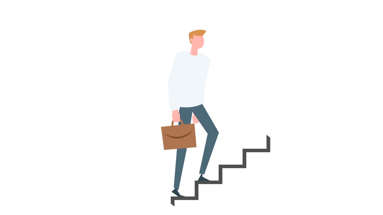 animación de personajes de dibujos animados de hombre colorido. hombre sube en la escalera de la carrera con la situación del maletín