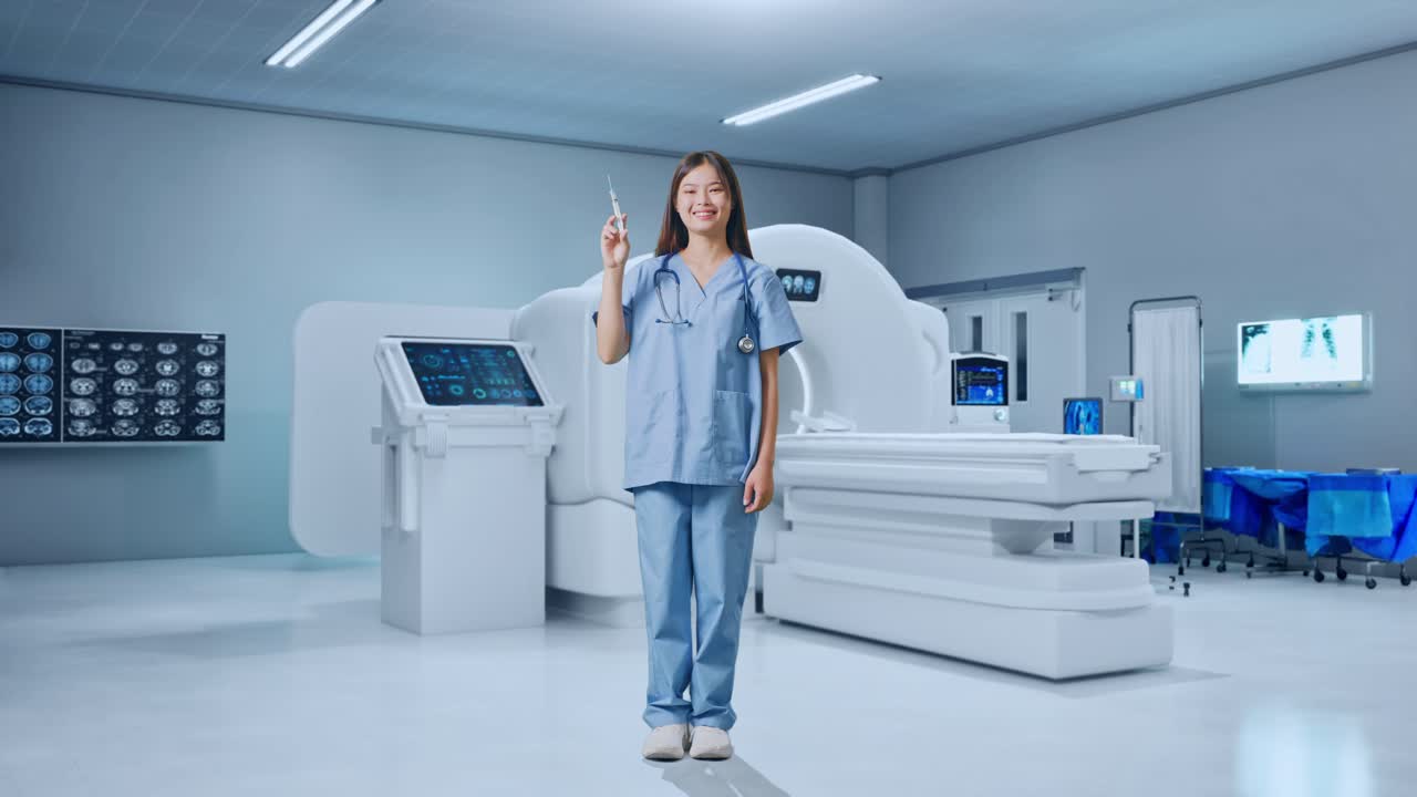 Dottoressa asiatica a figura intera che tiene una siringa e sorride accanto a una macchina per la risonanza magnetica.