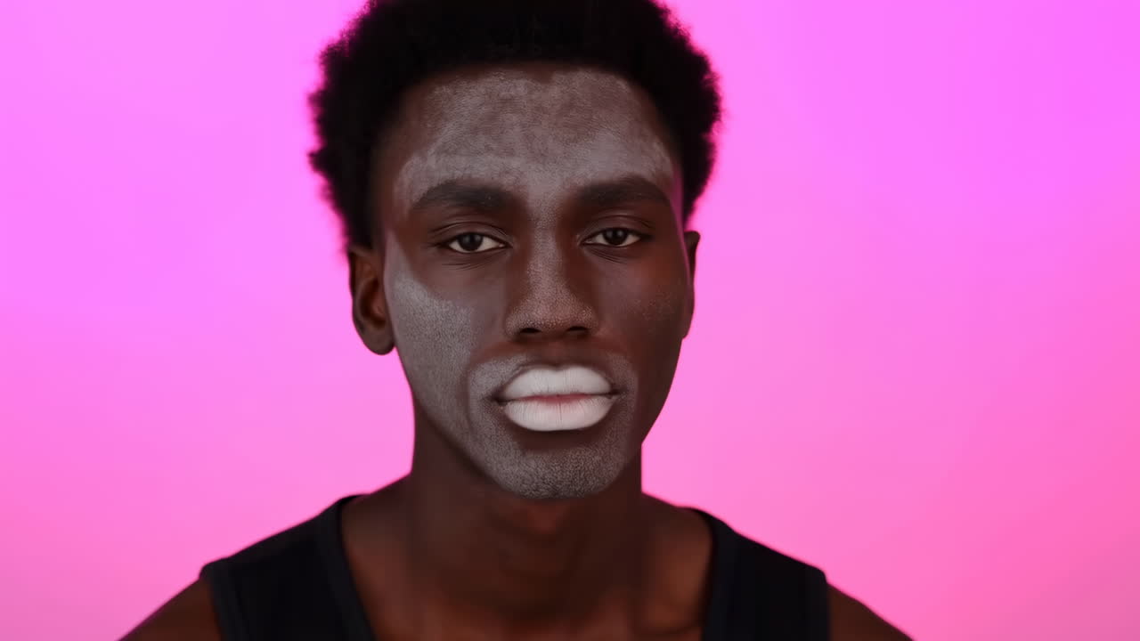 Young Black Man with Face Mask and White Lips Turns to Camera