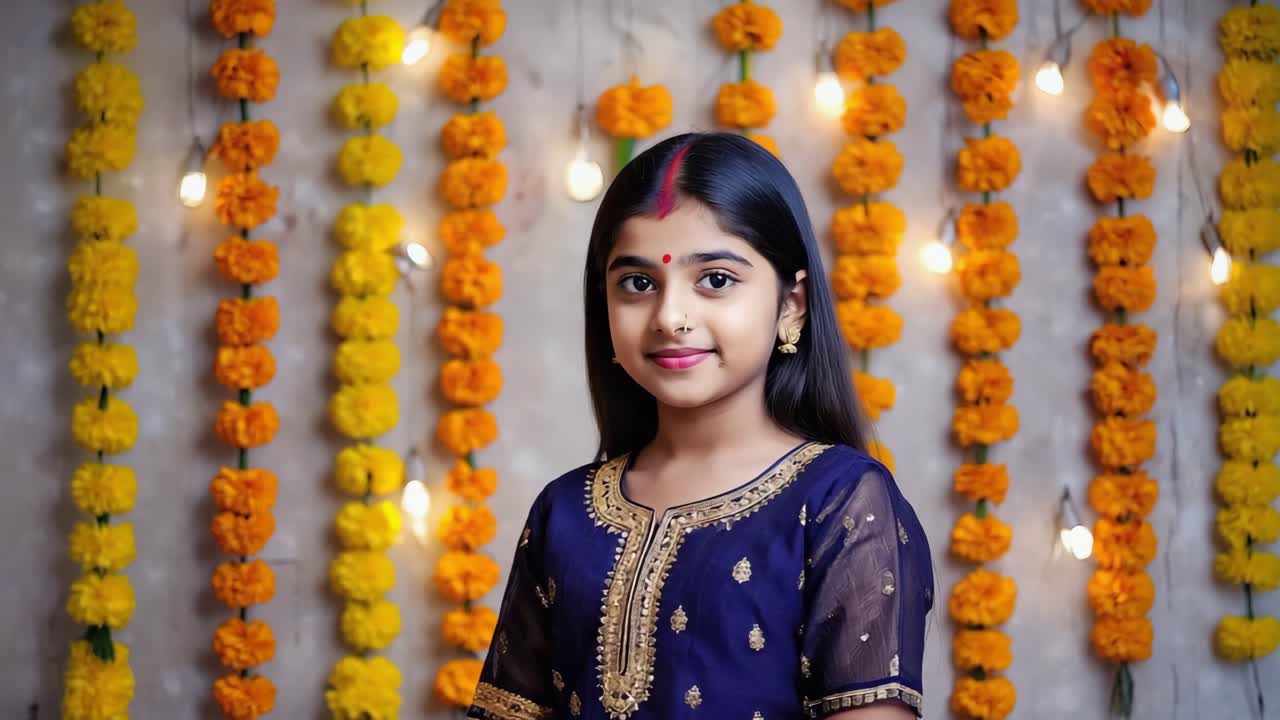 Portrait of a smiling young girl celebrating diwali festival wearing traditional blue dress, posing in front of a wall decorated with orange and yellow marigold flower garlands and string lights