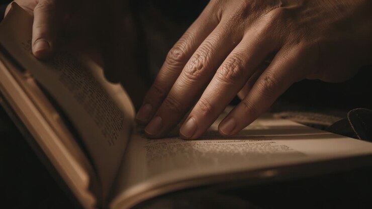 Following text, dark-sleeved hands lifting, flipping book page at gutter by warm desk lamp, reading