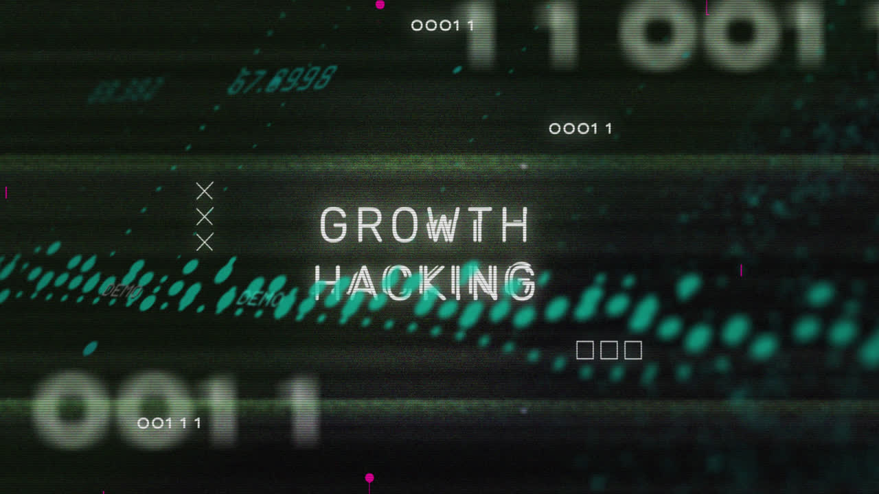 Animation of growth hacking text, data processing over circuit board