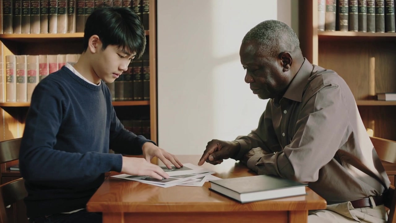 Lifting single sheet, teen in navy sweater flipping prints at study table, mentor pointing guidance