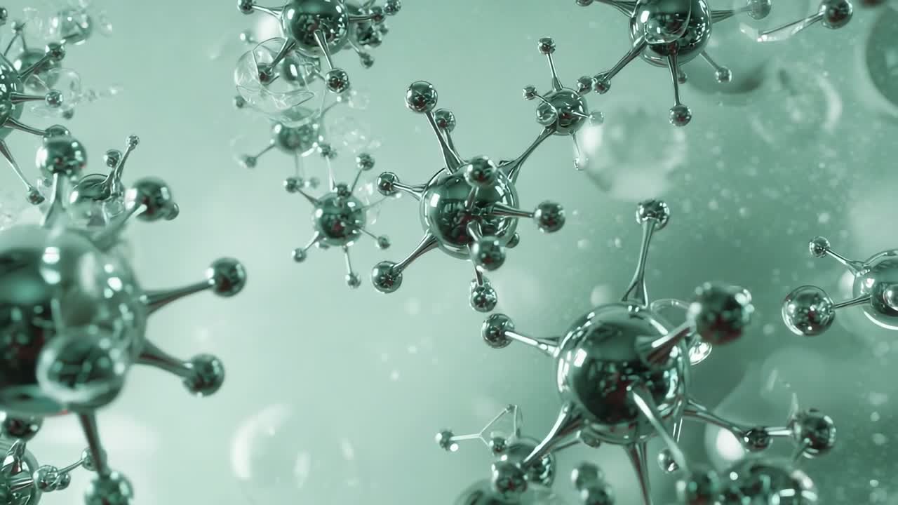 Advancing camera revealing reflective molecules drifting in green fluid, with floating droplets