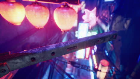 a close up shot of a rusty metal bar in a cyberpunk city, neon lights are glowing in the background.