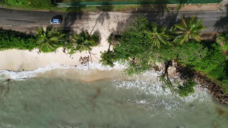 drone shot of climate change, global warming, high tide that sea level rise until the main road, passing car over sand, anse royale beach, mahe, seychelles 30fps 1