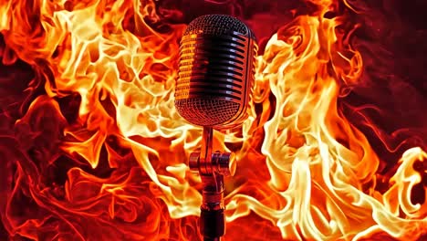 a microphone on fire with a black background