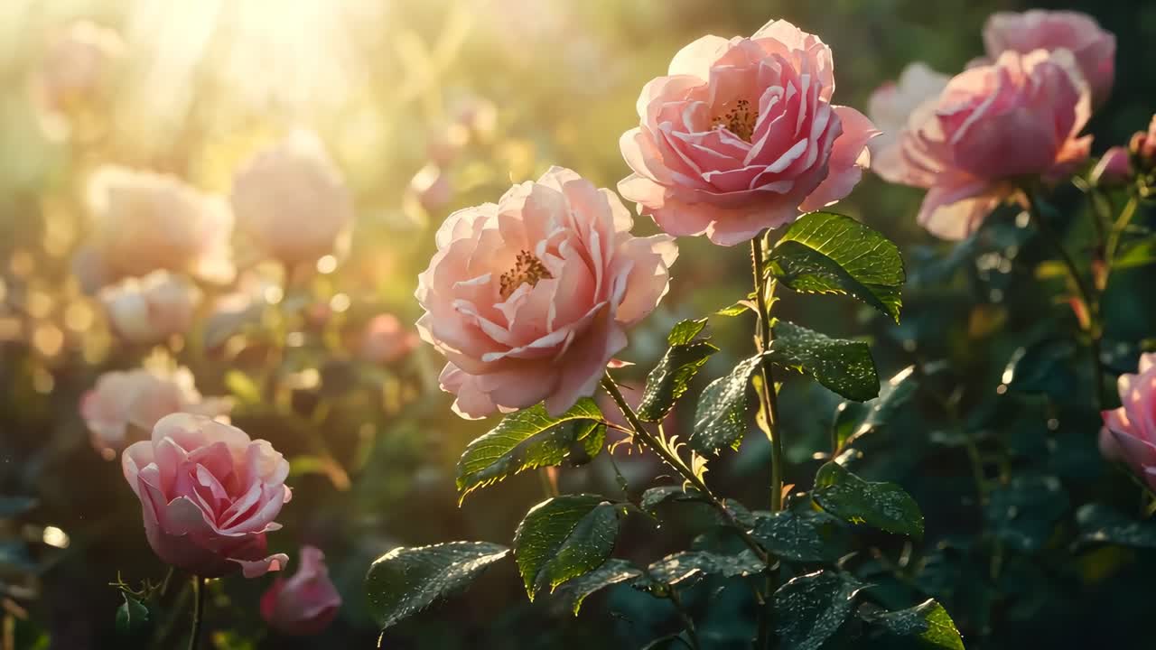 Video ravvicinato di rose rosa che sbocciano in un giardino, ripreso ad altezza occhi