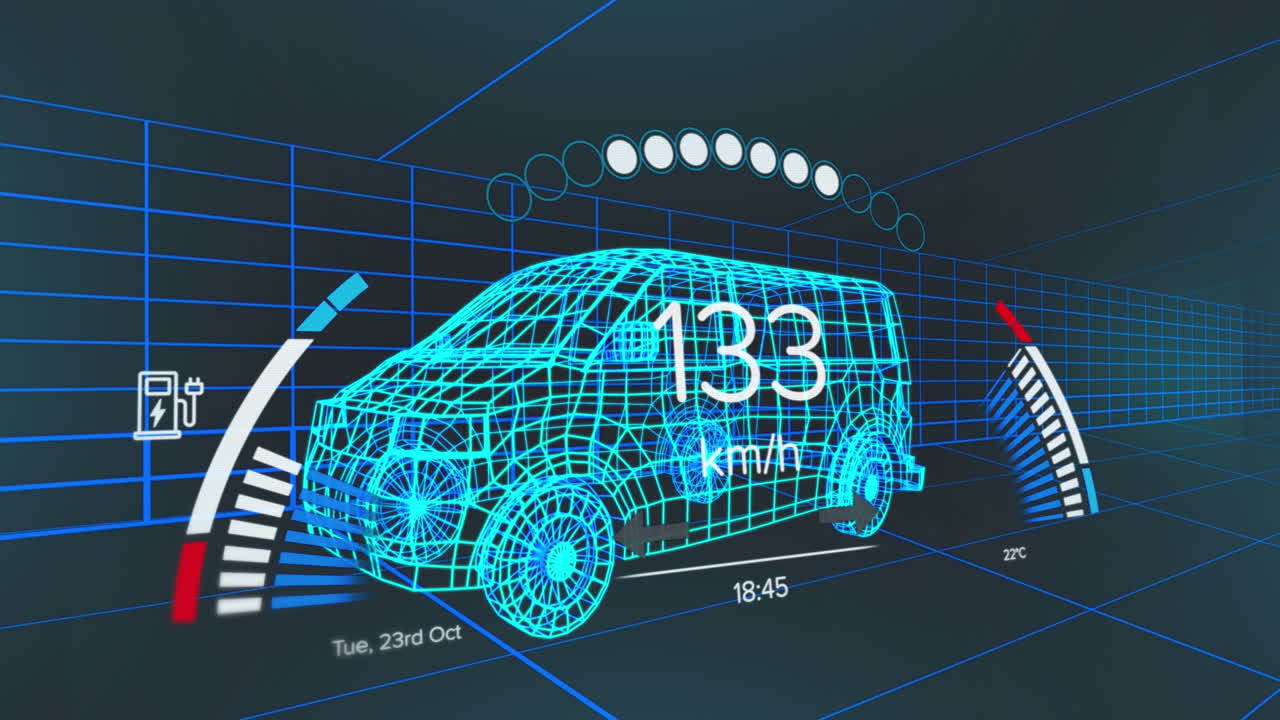 차량 인터페이스에 있는 스피도미터, gps 및 충전 상태 데이터의 애니메이션, 3d 밴 모델