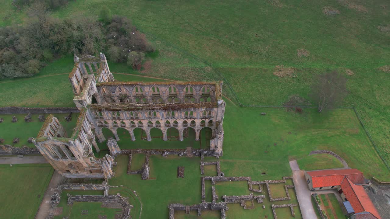птицы летают над руинами риволксского аббатства цистерцианского монастыря на зеленом ландшафте в йоркшире, англия