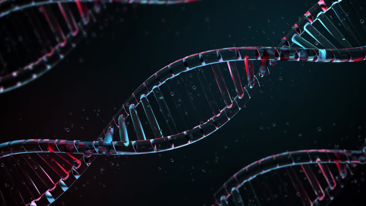 renderizado en 3d de una hélice de adn hecha de vidrio, colores rojo y azul