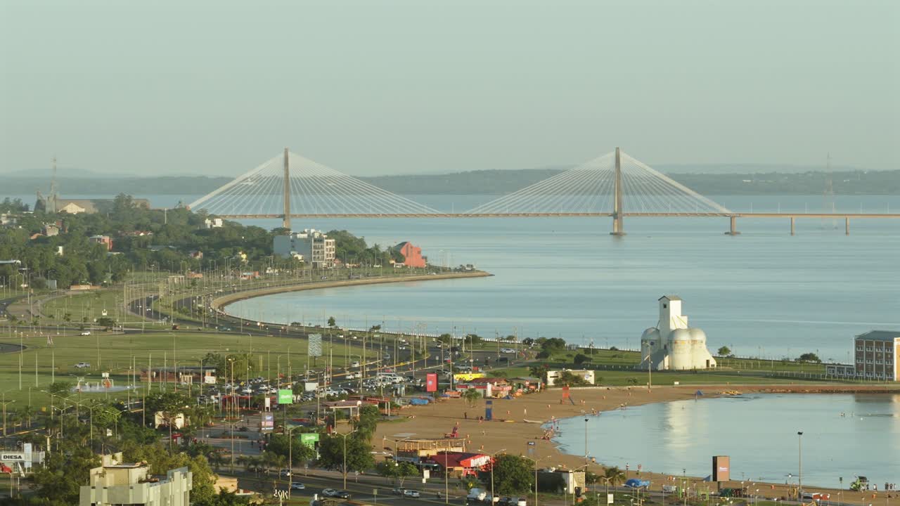 Encarnación, Itapúa Department, Paraguay, featuring the coastal avenue, San José beach, and the International Bridge over the Paraná River.