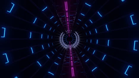 motion graphics sci fi: futuristic passage inside dark short tunnel with pink hollow dotted straight lines and expanding intermittent teal circles