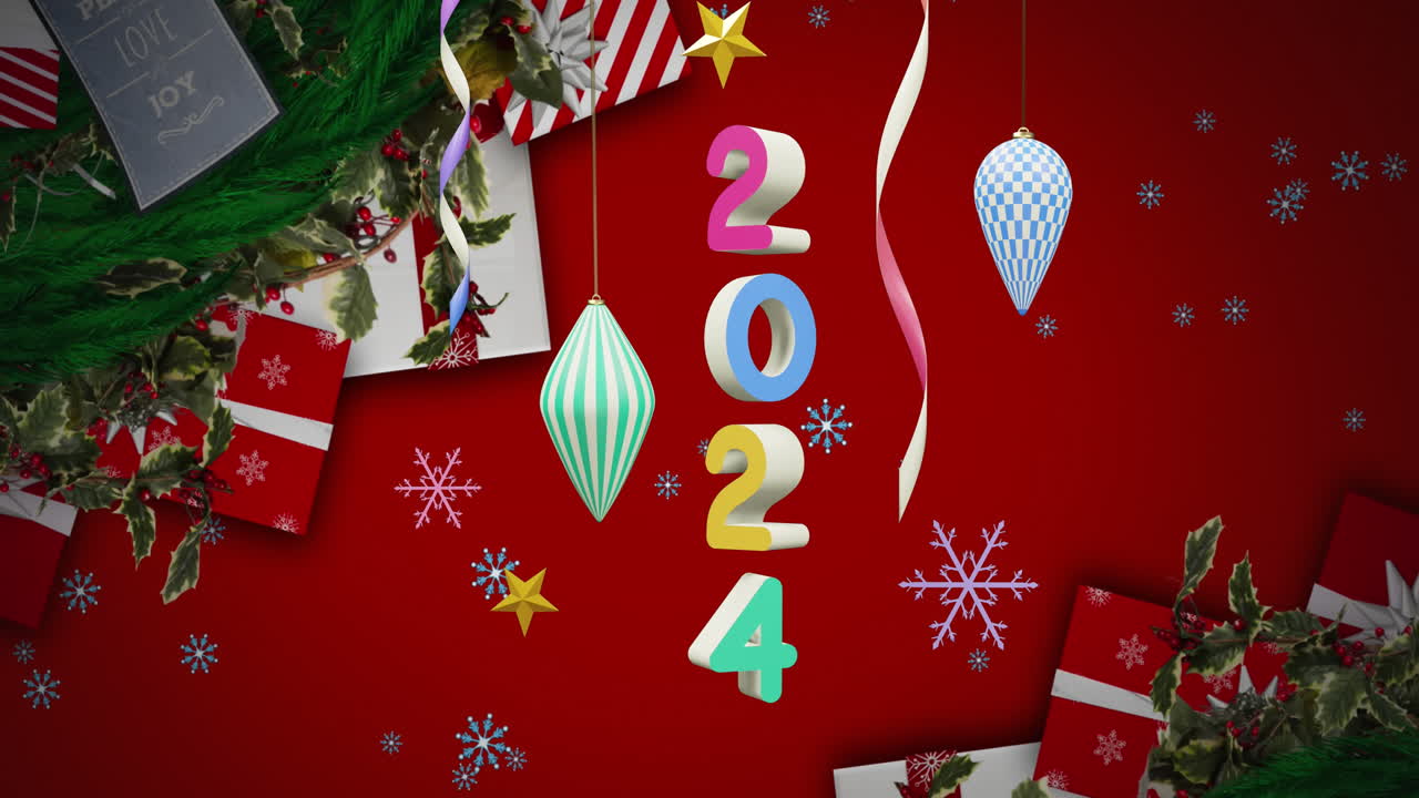 animación del texto de 2024 y decoraciones navideñas en el fondo