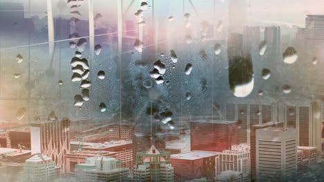 raindrops on window glass with blur city background